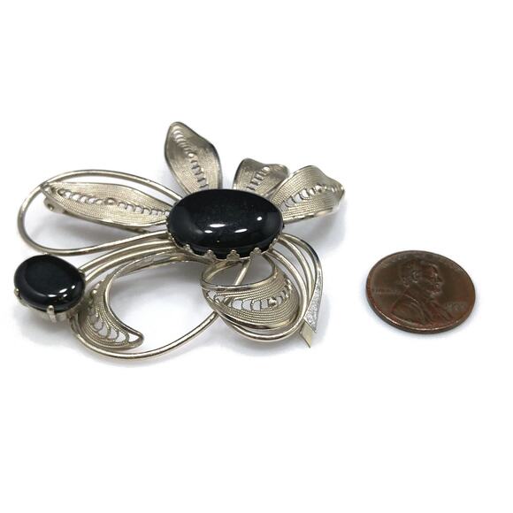 Western Germany Black & Silver Floral Brooch, Black Glass Cabochons, 1950s - Picture 6 of 10
